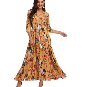 Women Button Up Split Long Flowy Floral Maxi Dress